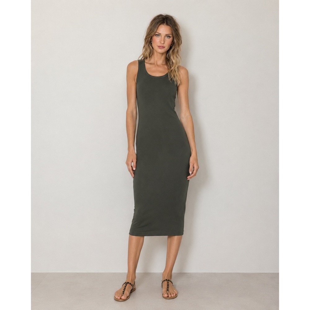 Splendid Olive Green Ribbed Bodycon Tank Dress Cotton Racerback | Size Small